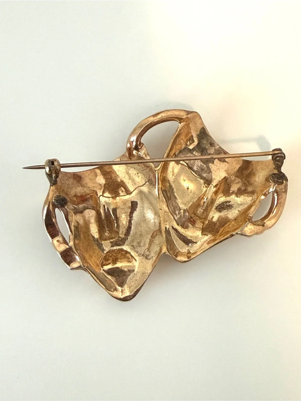 Gold-tone Comedy & Tragedy Theater Mask Brooch with Rhinestones